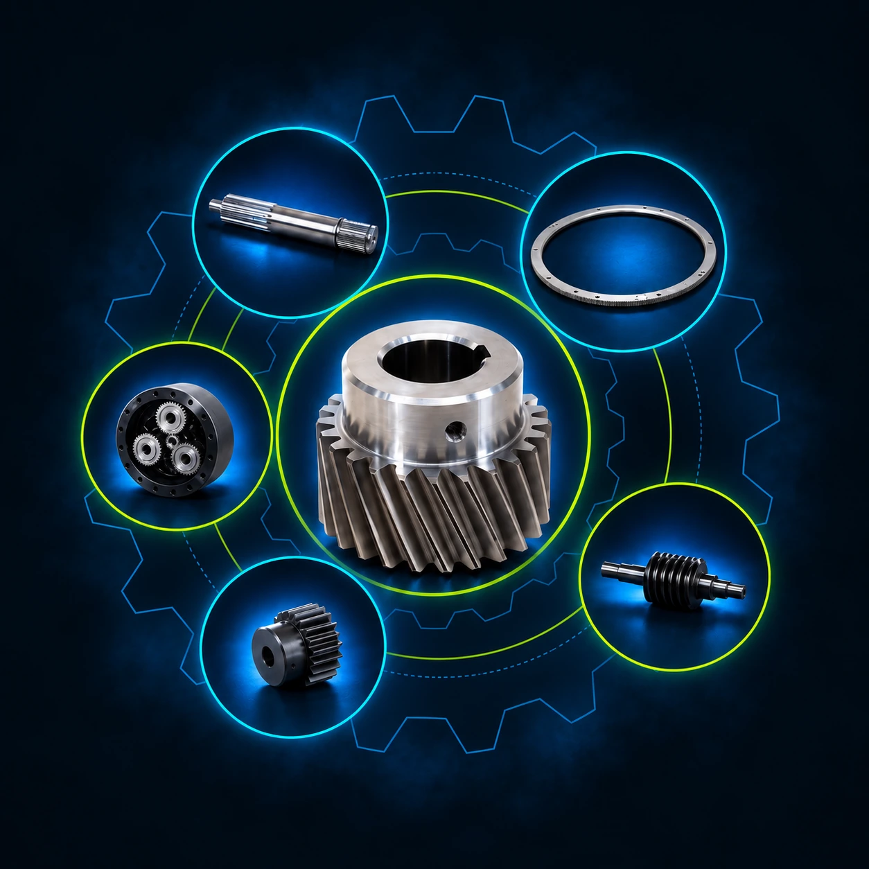 Helical gear, planetary drive, ring gear, splined shaft, spur gear and worm drive manufactured by GlobalXGears